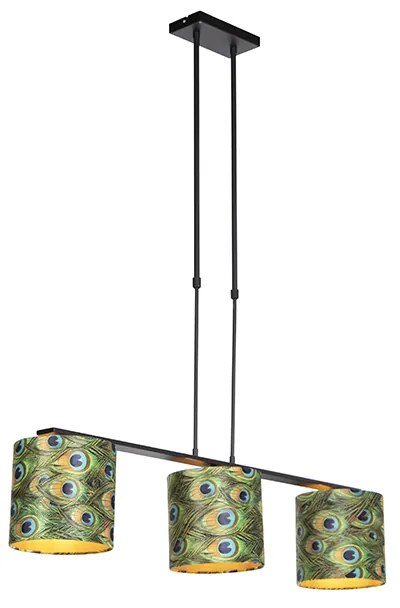 Candeeiro de suspensão com abajures de veludo azul petróleo com dourado 20cm - Combi 3 Deluxe Clássico / Antigo