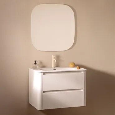 Conjunto De Móvel De Casa De Banho Suspenso Em Madeira Com Lavatório Integrado Egerton Branco & Quadrado Led E Anti-embaciamento 75x75 Cm Riben -