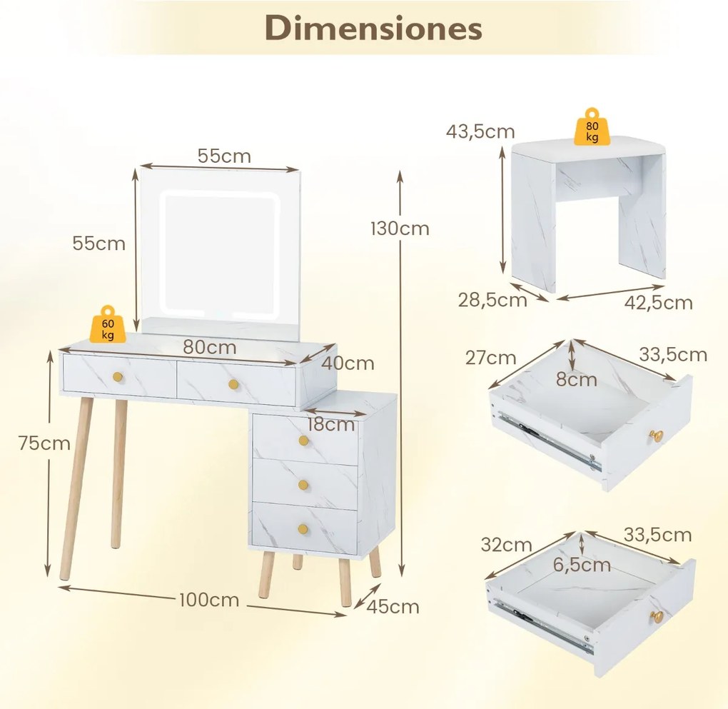 Toucador com espelho e luzes 3 luzes ajustáveis 5 gavetas e banco acolchoada Acabamento em mármore artificial branco