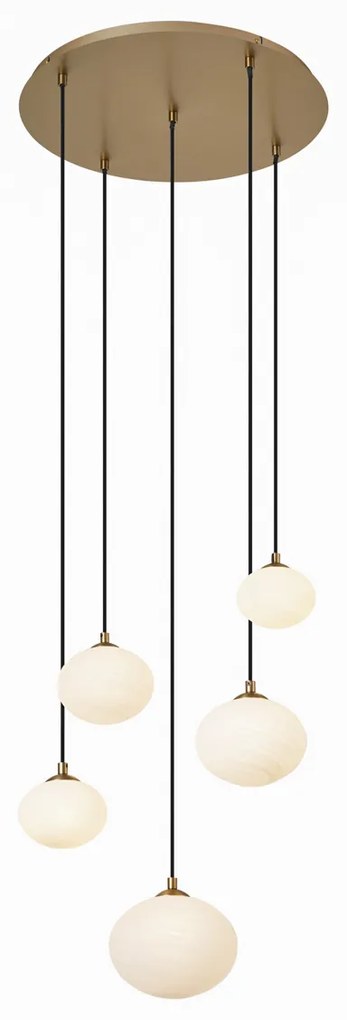 Candeeiro suspenso Art Deco dourado com vidro opalino 5-luzes - Yani Art Deco