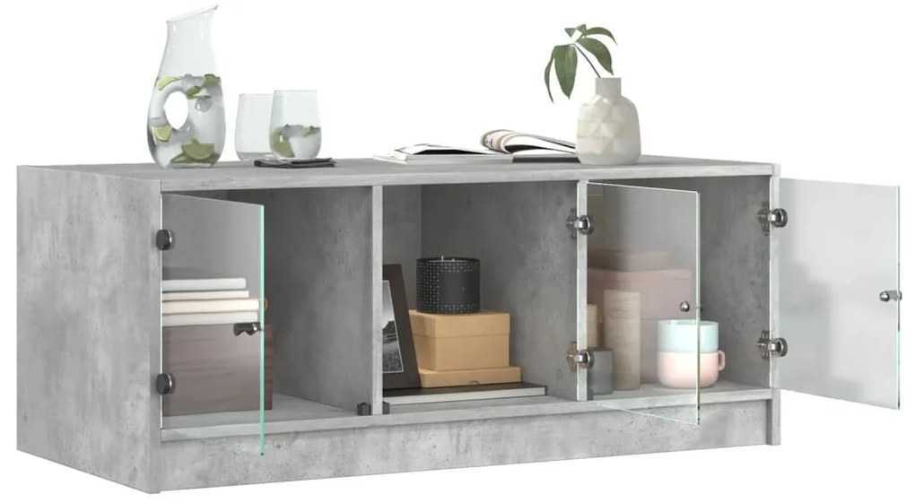 Mesa de centro c/ portas de vidro 102x50x42 cm cinza cimento