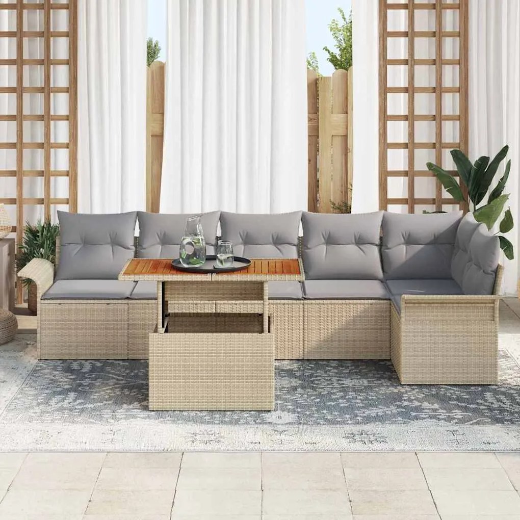 Conjunto de Jantar de Jardim 7 Peças com Almofadas Beje em Rattan e Po