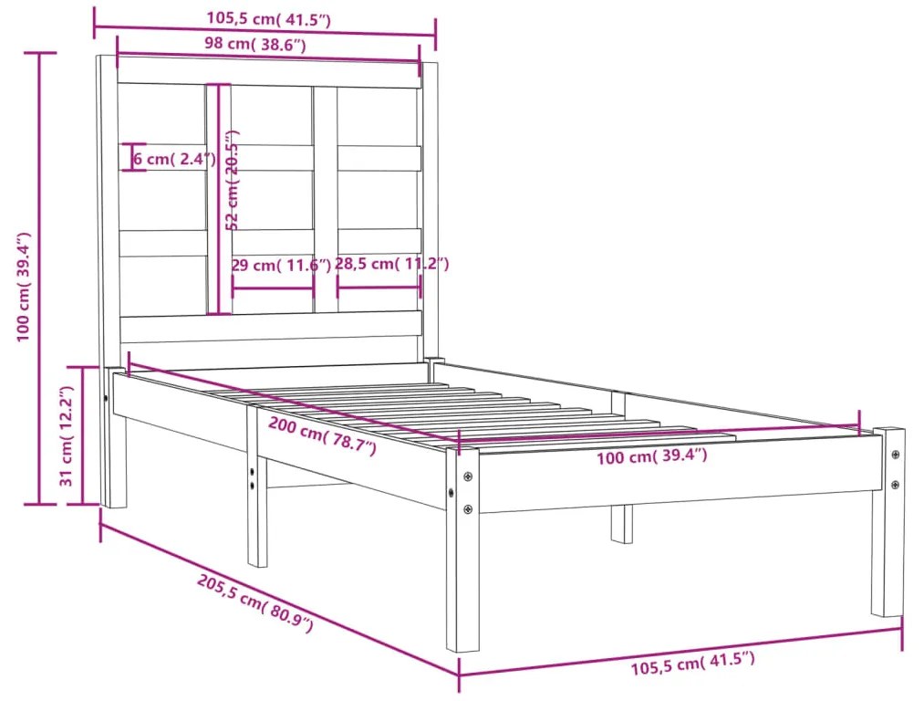 Estrutura de cama 100x200 cm madeira maciça branco