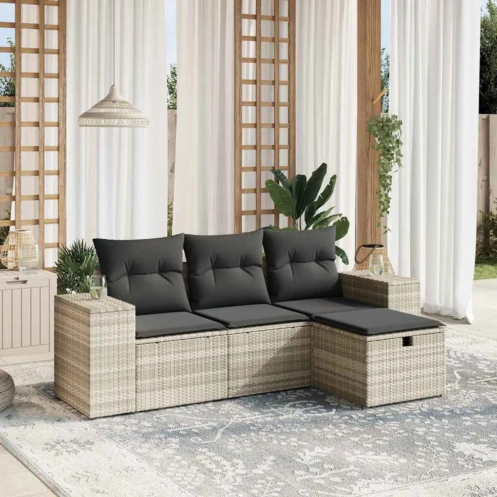 4 pcs conj. sofás jardim c/ almofadões vime PE cinzento-claro