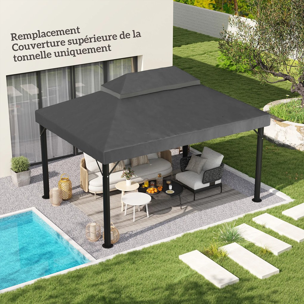 Lona de Substituição para Pérgola Lona de Pérgula 4x3 m (NÃO Incluída) Teto Duplo com Orifícios de Drenagem Poliéster 370 g/㎡ Cinza