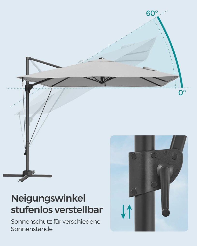 Guarda-sol retangular de 270 x 270 cm com manivela e base em cruz cinzento