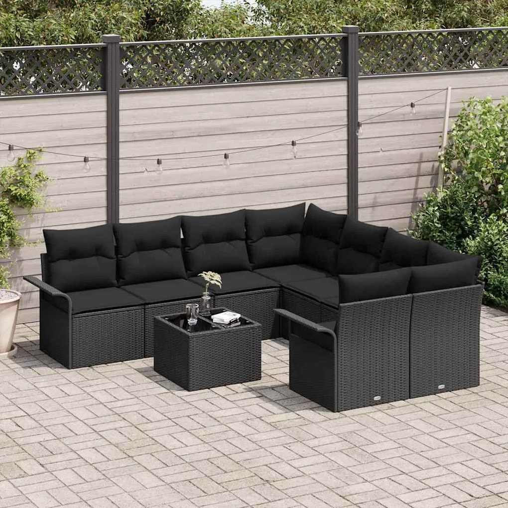 Conjunto de Sofá de Jardim 9 Peças com Almofadas - Preto, Rattan, Poli