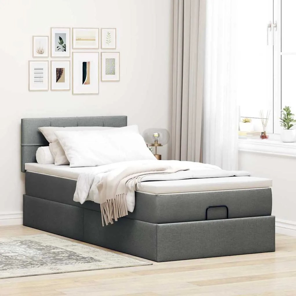 Cama Otomana com colchão &amp; LEDs 80x200cm tecido cinza-escuro