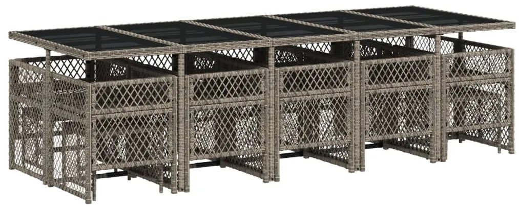 15 pcs conjunto jantar p/ jardim c/ almofadões vime PE cinzento
