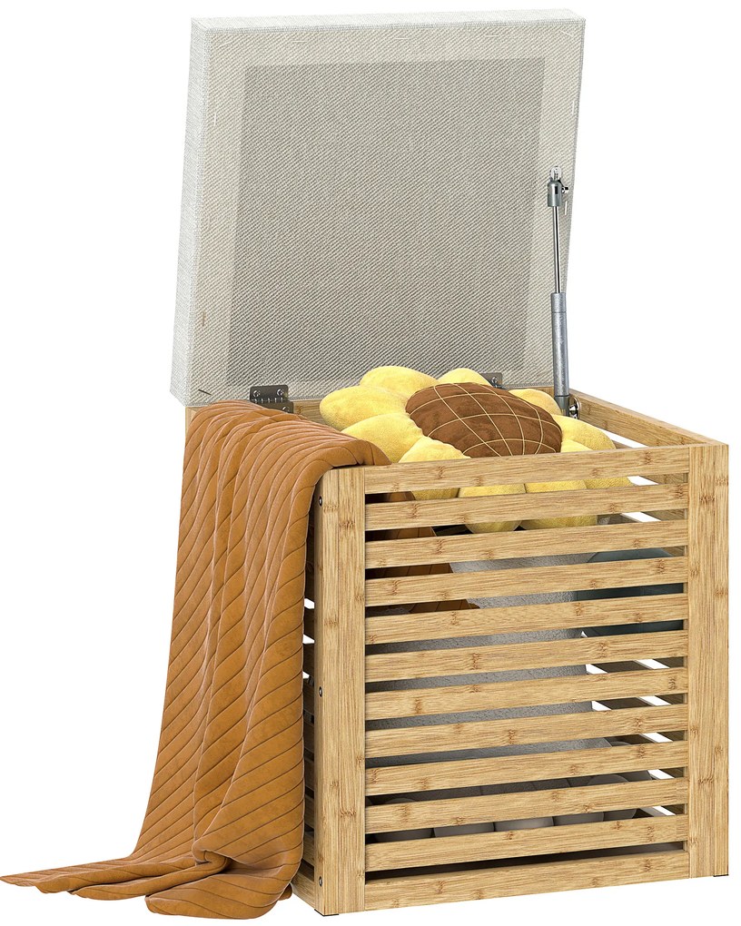 Banco com Armazenamento 57,7L Banco com Arrumação Estofado em Linho Sintético com Estrutura em Bambu 40x40x47 cm Cinza e Madeira