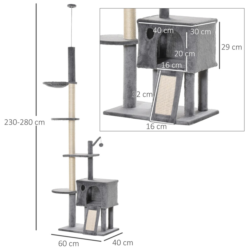 Árvore Arranhador para Gatos para Fixar ao Teto Altura Ajustável 230-280cm com Rede Caverna Rampa Bola pendurada 60x40x280cm Cinza Claro