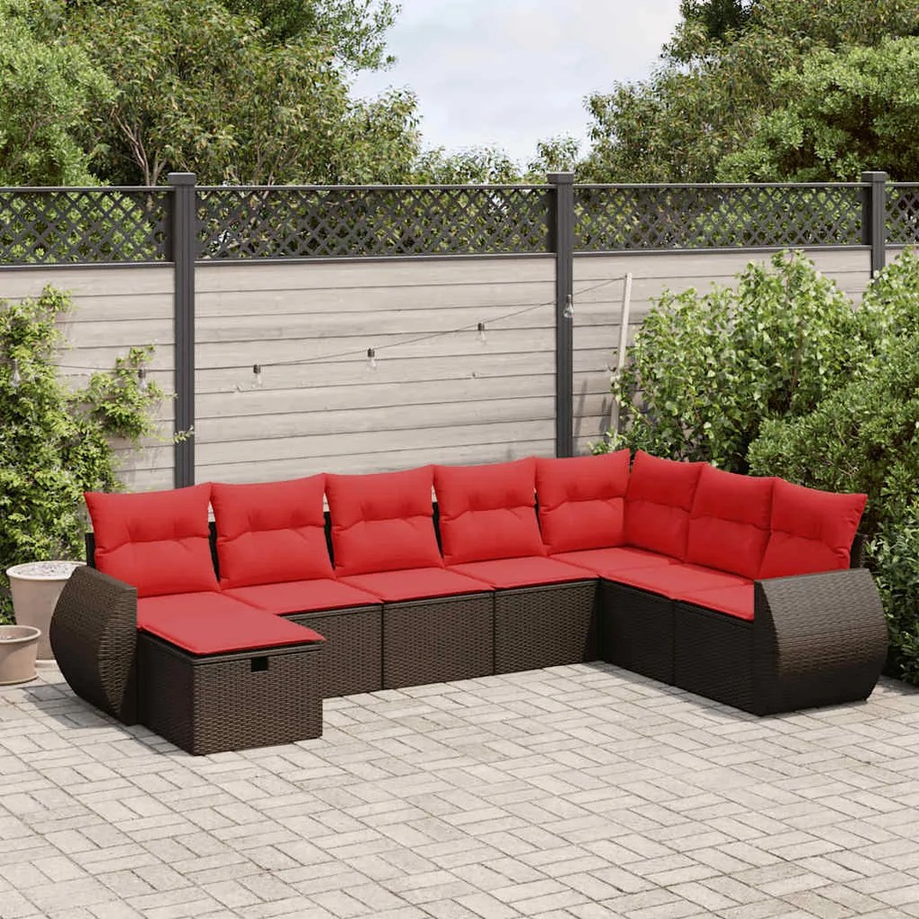 8 pcs conjunto sofás de jardim c/ almofadões vime PE castanho
