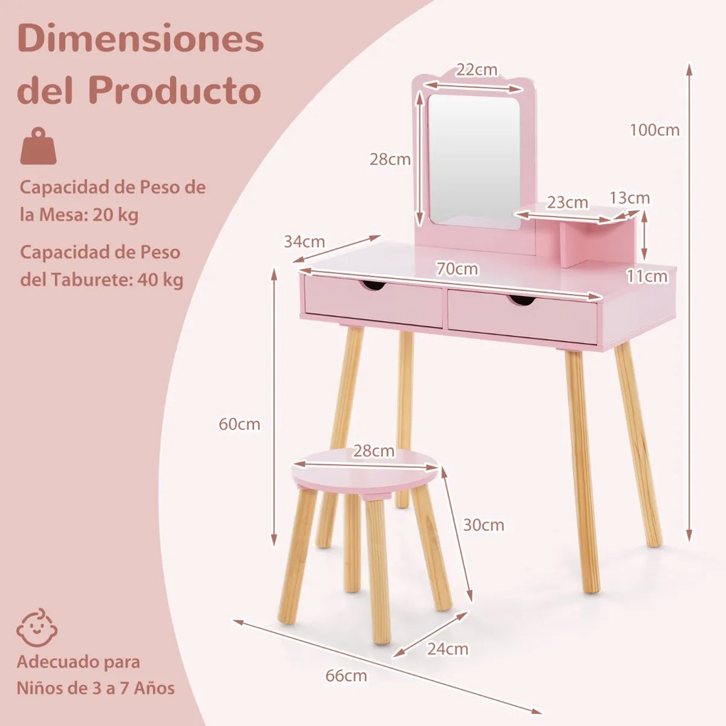 Toucador e banco de madeira para crianças com espelho retangular e 2 gavetas grandes 70 x 34 x 100 cm Rosa