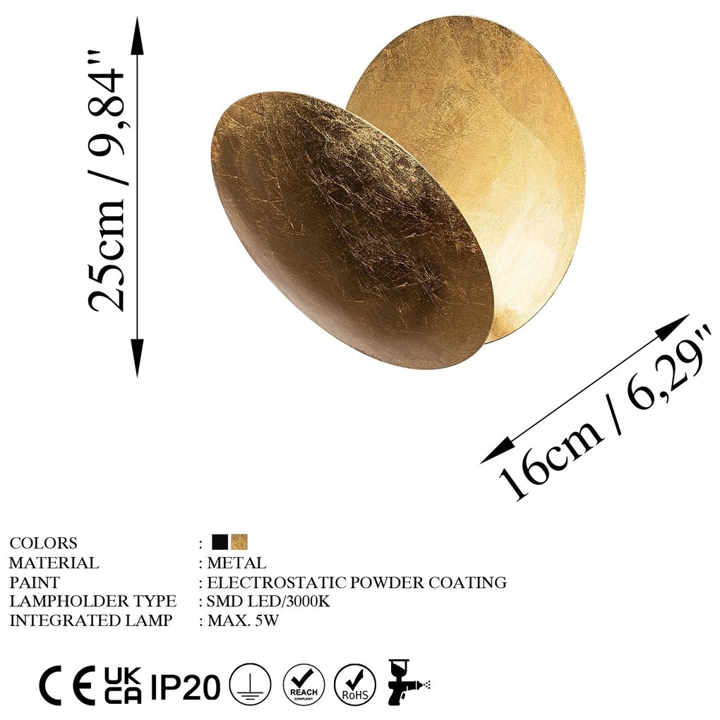 Candeeiro de Parede Yosma - Dourado - 25cm x 25cm x 16cm