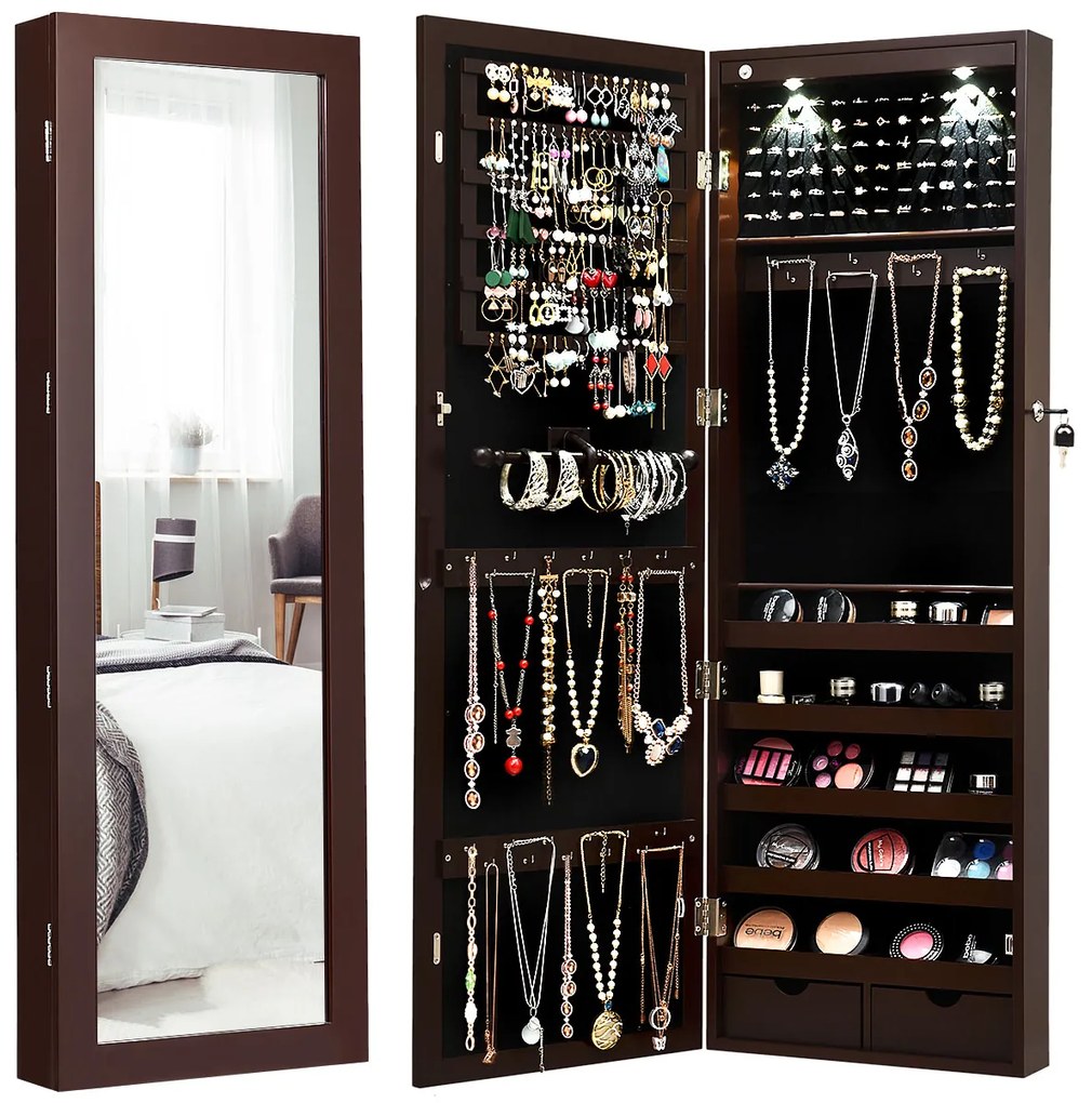 Guarda Jóias C/ Espelho Corpo Inteiro Montado na Parede com 2 Luzes LED Organizador de Jóias de Corpo Inteiro 37 x 9,5 x 108 cm Castanho
