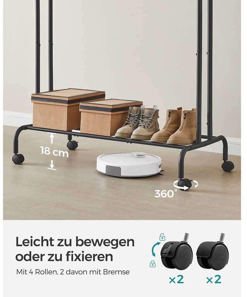 Cabide Guarda roupa com Rodas e 2 varões para roupa Preto