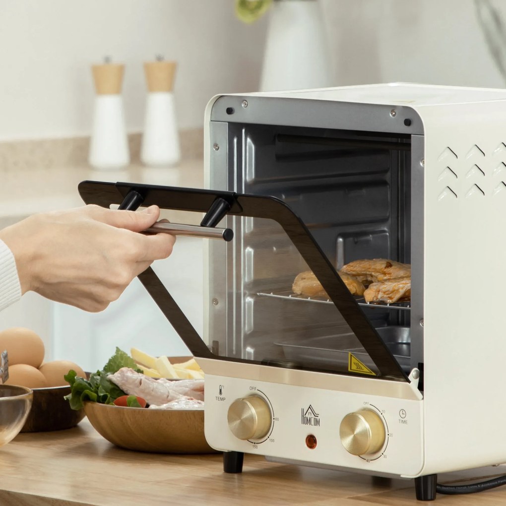 HOMCOM Mini Forno Elétrico 15 Litros 1000W Forno com Temperatura até 230°C Temporizador 60 Minutos Bandeja e Grade 25,5x27,5x32cm Creme