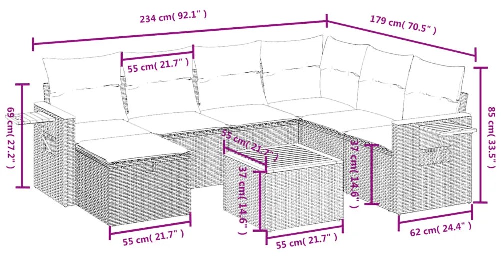 8 pcs conjunto sofás de jardim com almofadões vime PE preto