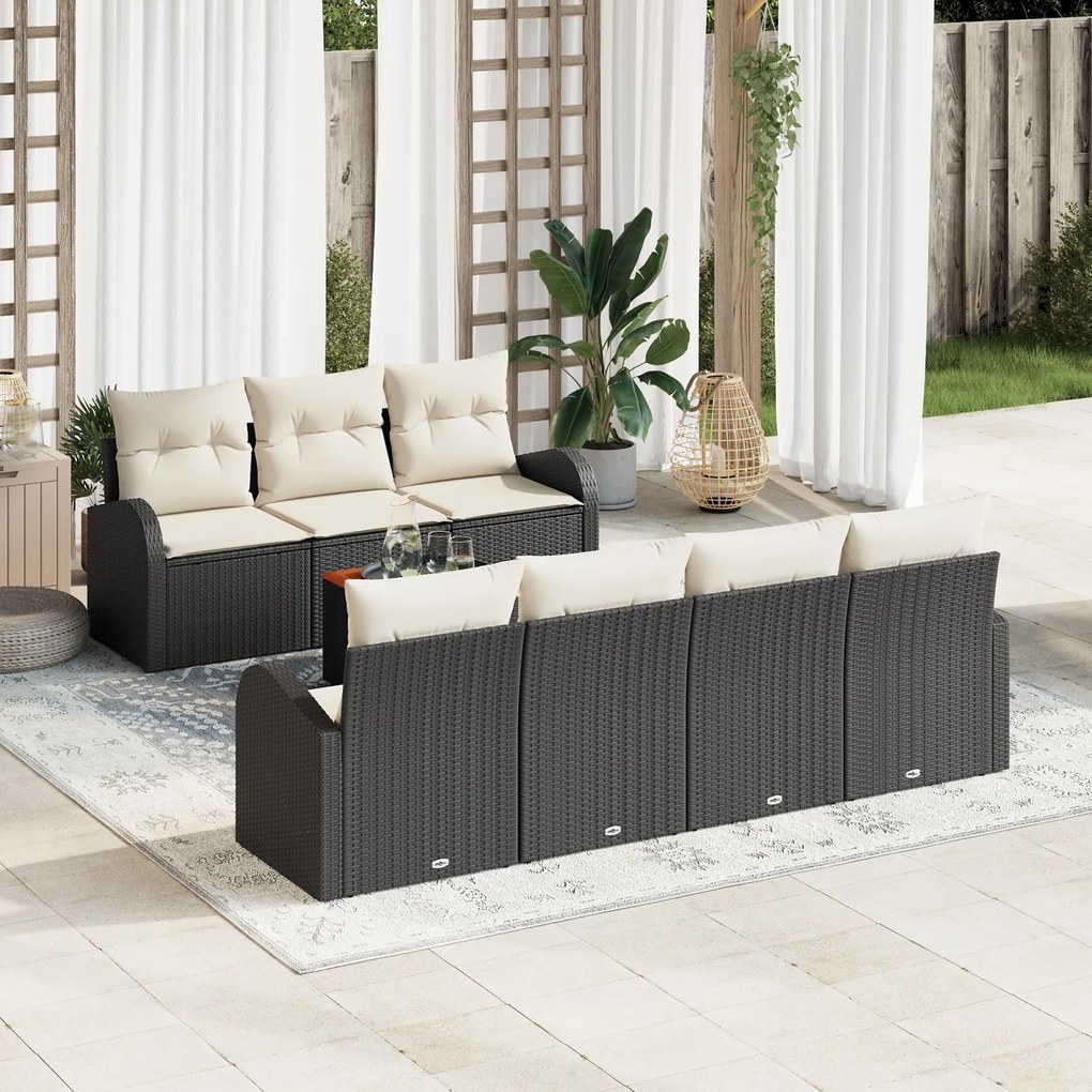 Conjunto de Sofás de Jardim com 8 Peças e Almofadas Preto Rattan Polié