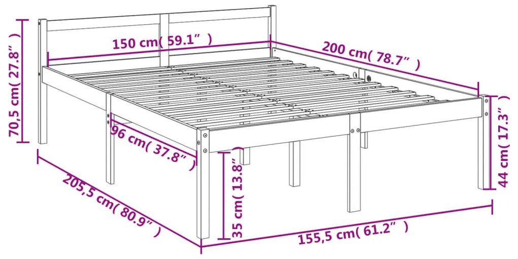 Cama para idosos king size 150x200 cm pinho maciço castanho mel