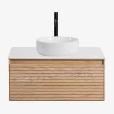 Conjunto De Móvel De Casa De Banho Em Madeira De Freixo Tedrik Castanho Fresno & Cerâmica Redonda Branca Ø40 Cm Lenka & Sem Espelho - Sklum