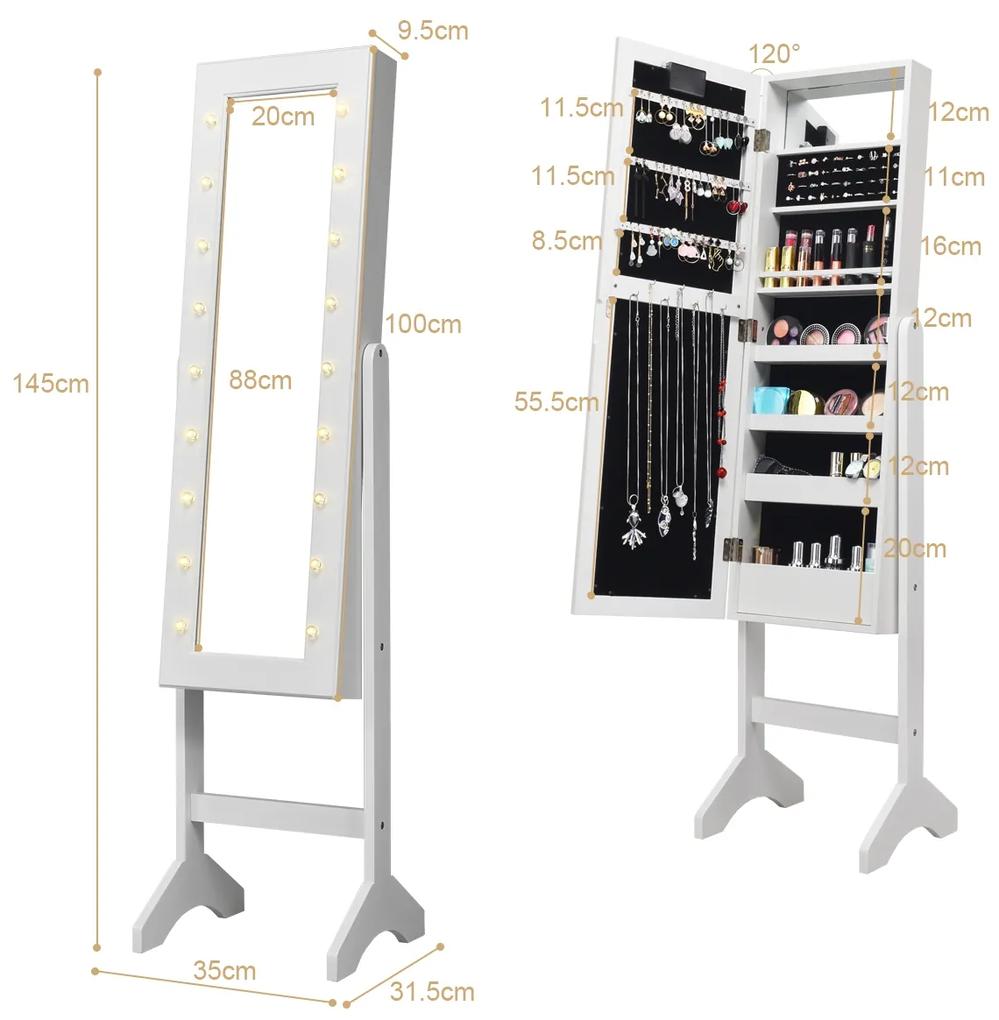 Espelho Guarda Joias com 18 luzes LED Organizador de jóias de ângulo ajustável para todos os tipos de jóias 145 x 35 x 31,5 cm Branco