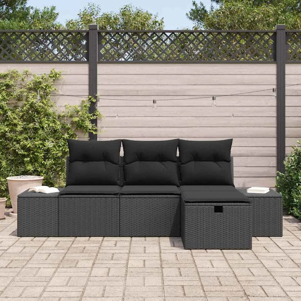 Conjunto de Sofá de Jardim de 4 peças com Almofadas Preto Vime Polipro