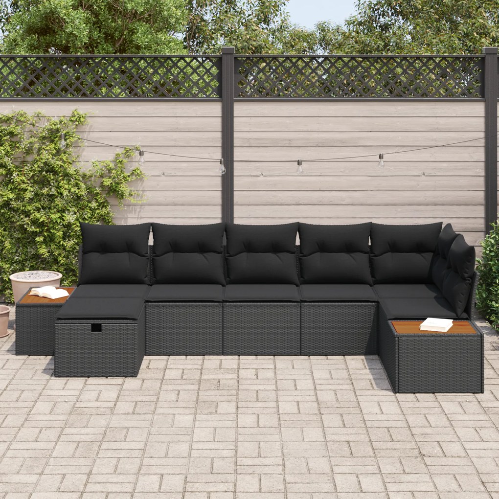 Conjunto de Sofá de Jardim de 7 Peças com Almofadas Pretas de Rattan P