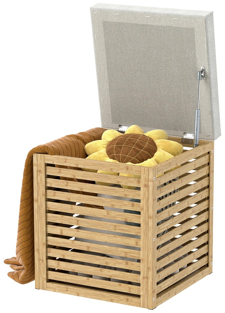 Banco com Armazenamento 57,7L Banco com Arrumação Estofado em Linho Sintético com Estrutura em Bambu 40x40x47 cm Cinza e Madeira
