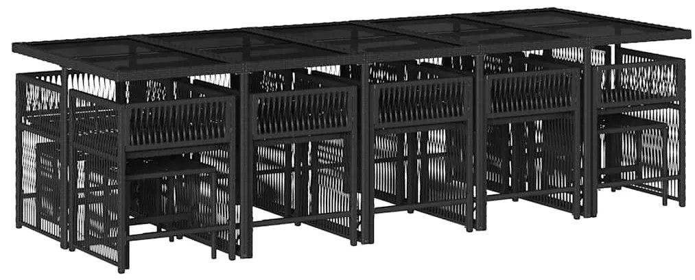 15 pcs conjunto de jantar p/jardim com almofadões vime PE preto