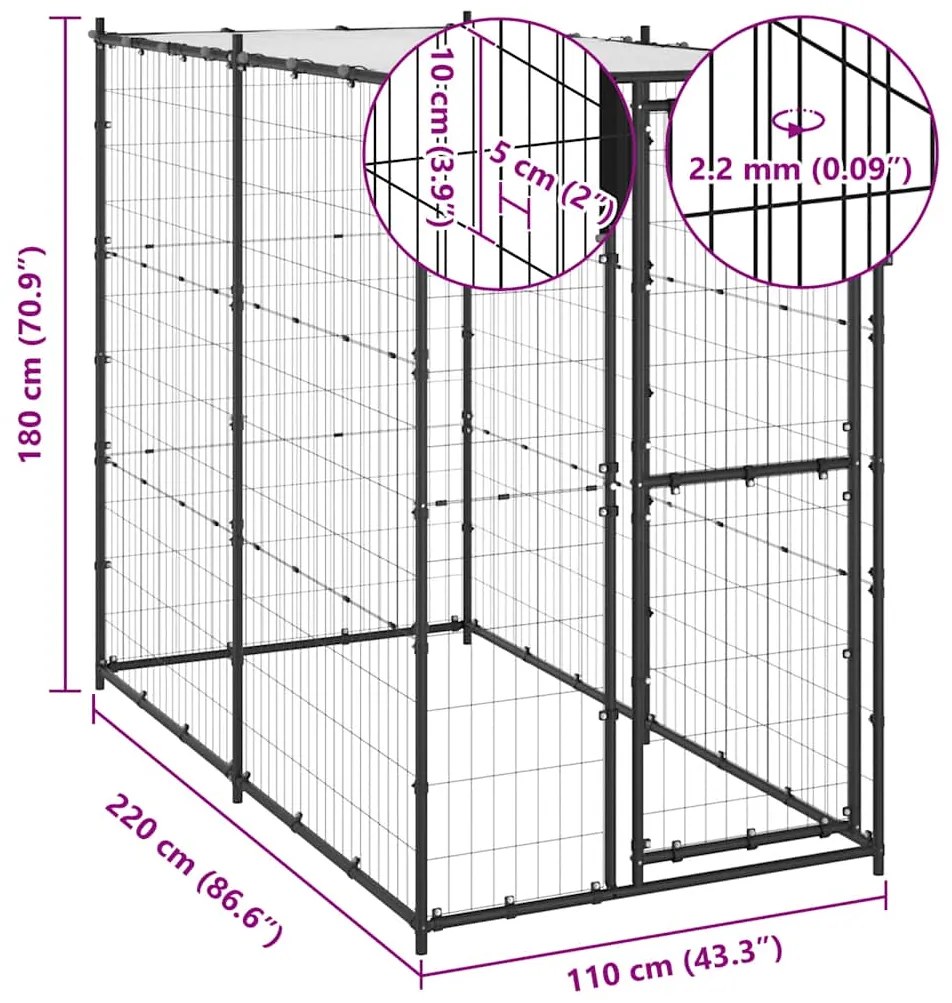 Canil de exterior com telhado 110x220x180 cm aço
