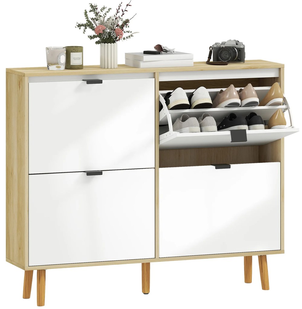HOMCOM Sapateira Estreita com 4 Portas em Branco Brilho Sapateira de Entrada com Prateleiras Ajustáveis e Pernas de Madeira para 20 Pares de Sapatos 105x24x92,5 cm Branco