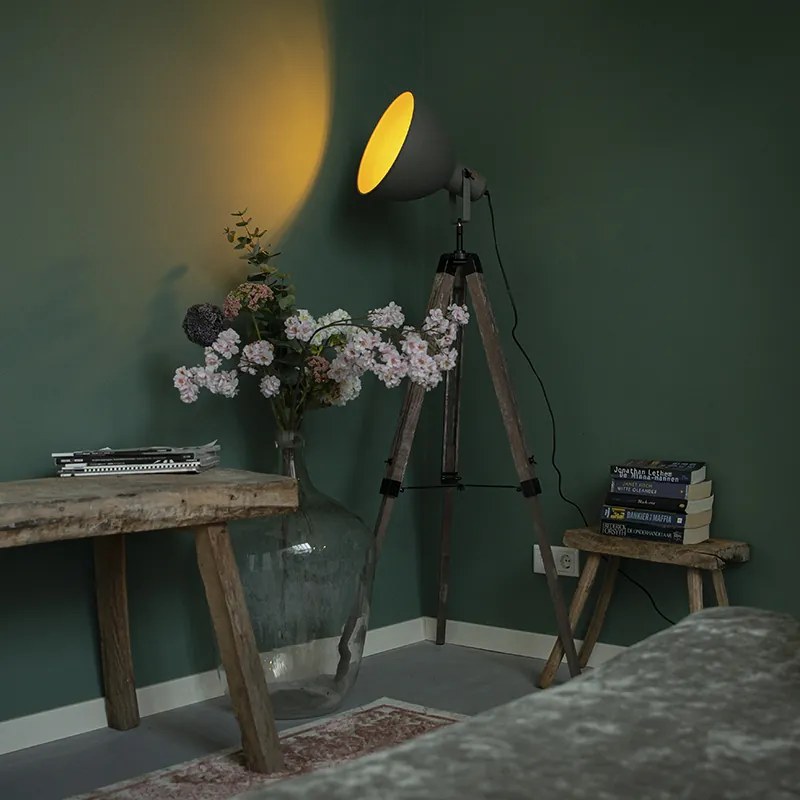 Candeeiro de pé industrial em tripé de madeira com cúpula cinzenta - Laos