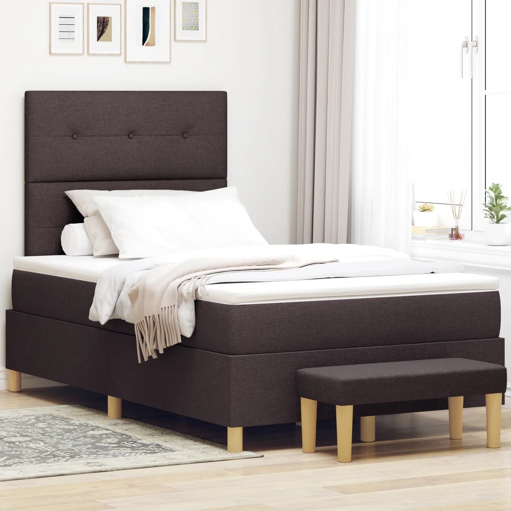 Cama Box Spring com Colchão e Banco Marrom Escuro 120x190 cm Tecido