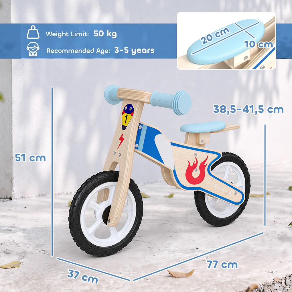 Bicicleta de Equilíbrio Infantil, 77 x 37 x 51 cm, Selim Ajustável, Madeira Natural