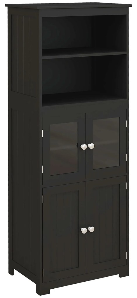 HOMCOM Armário de Cozinha com 2 Portas de Vidro Temperado 2 Prateleiras Abertas e Armário com Prateleira Ajustável 60x30x162 cm Preto | Aosom Portugal