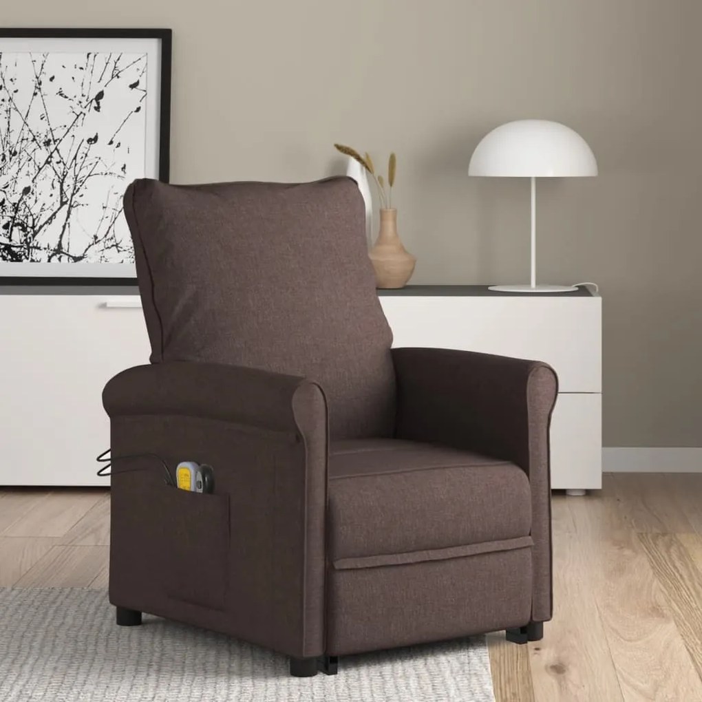 vidaXL Poltrona elevatória de massagens tecido castanho-escuro