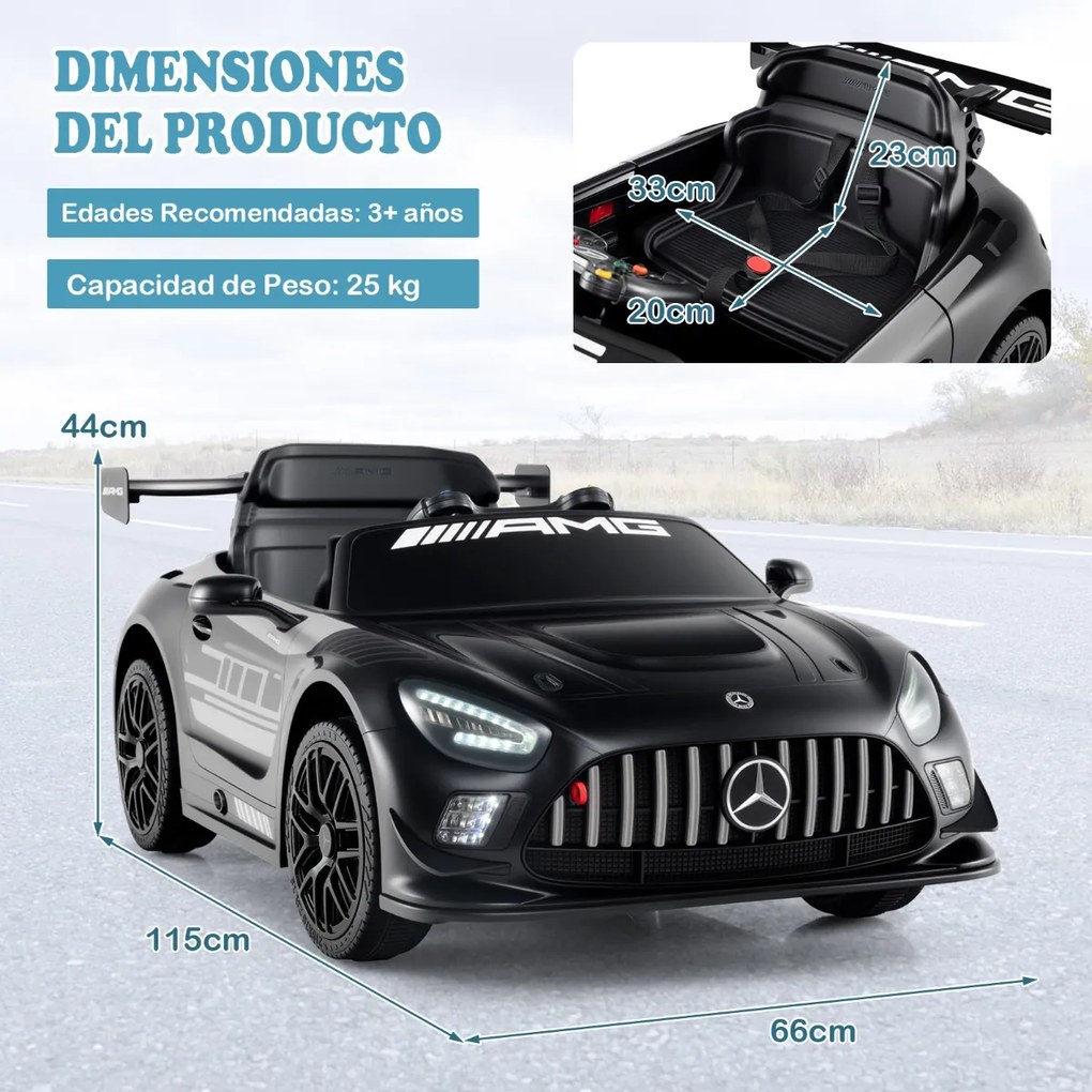Carro elétrico para crianças com controle remoto, música, buzina, luzes LED, cinto de segurança ajustável, arranque lento, preto