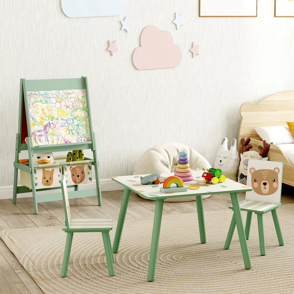 Conjunto para Crianças Inclui 1 Mesa com 2 Cadeiras Infantis e 1 Cavalete 3 em 1 com Cestos de Armazenamento Desenho de Animais Verde