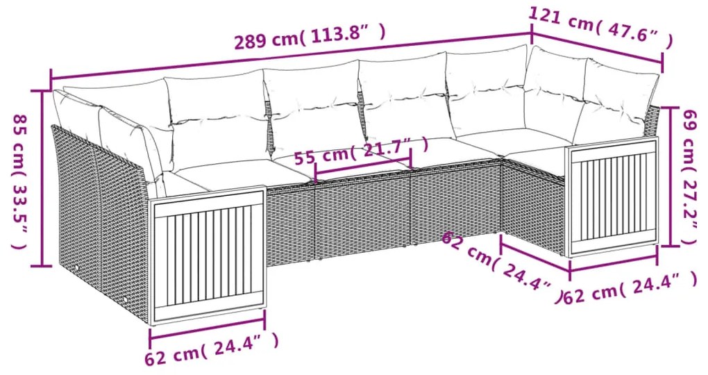 7 pcs conjunto sofás p/ jardim c/ almofadões vime PE cinzento