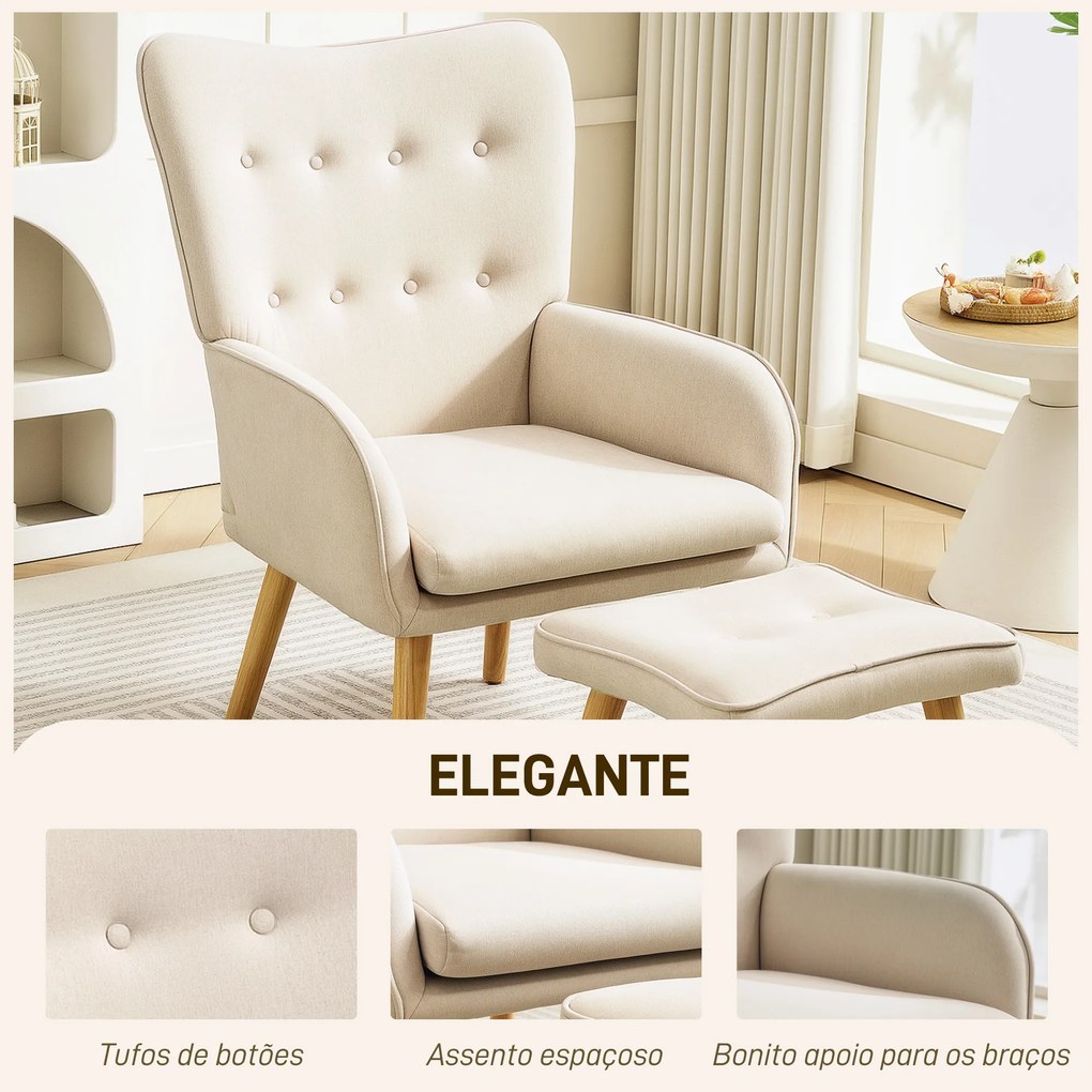 Poltrona com Apoio para Pés Poltrona de Leitura com Capitonê Pés de Madeira e Revestimento em Linho 70x72x94 cm Bege