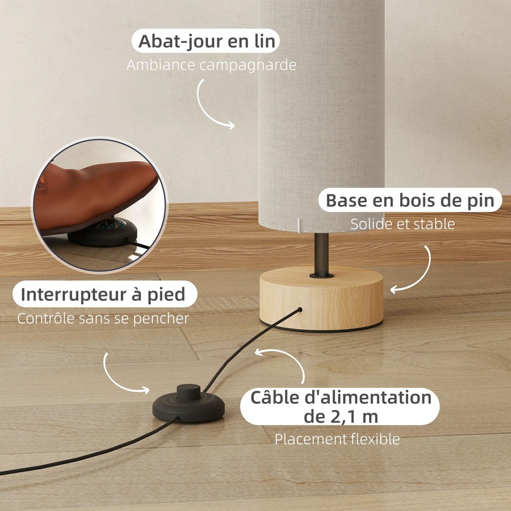 Candeeiro de pé para sala de estar com abajur em linho 15 x 15x 120 cm, interruptor de pé, 2 tomadas E27 bege