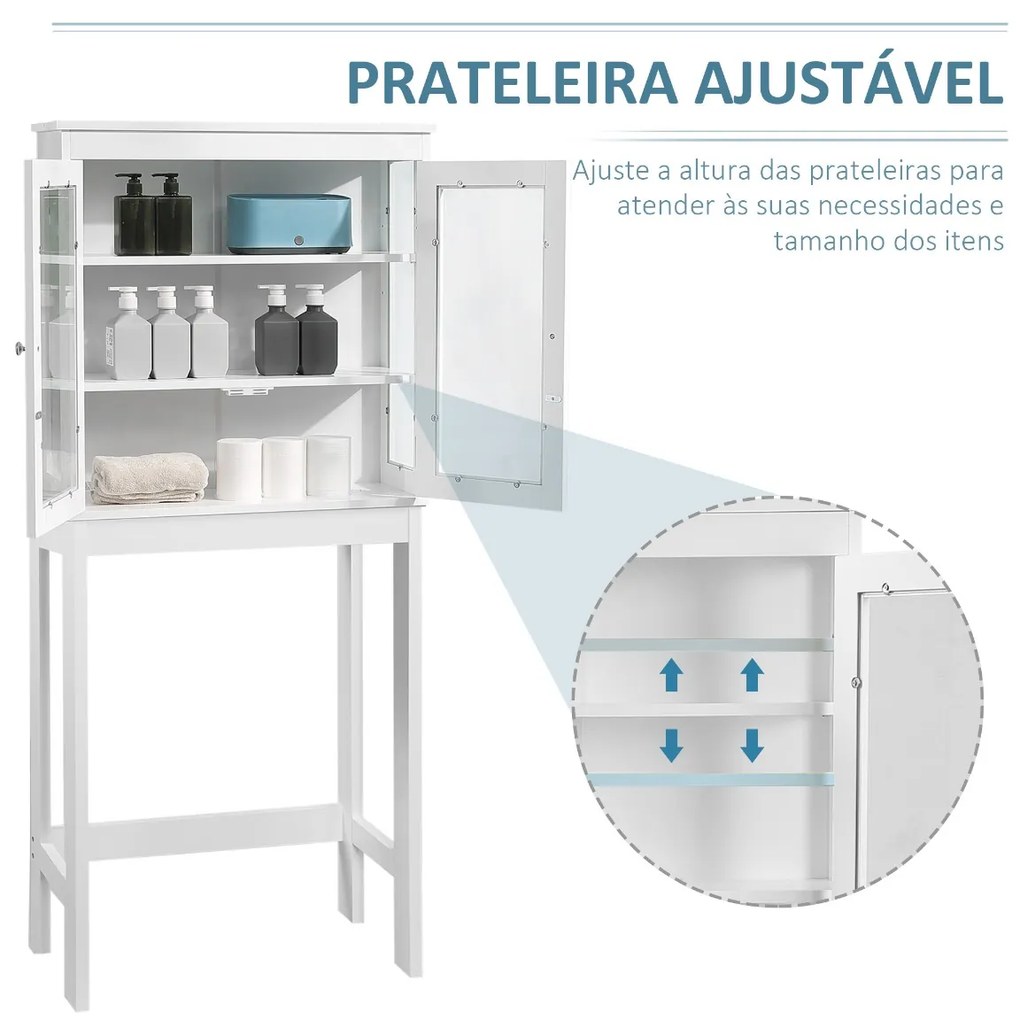 Armário de banheiro sobre vaso sanitário Armário alto para máquina de lavar com portas de vidro e prateleira interna ajustável 70x24,5x160 cm Branco