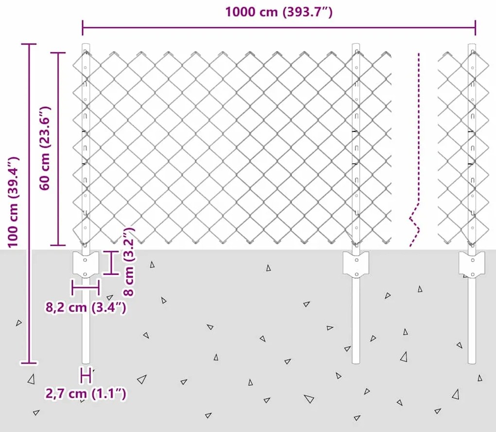 Cerca de Corrente com 10 Postes U Cinza 0,6x10 m Aço
