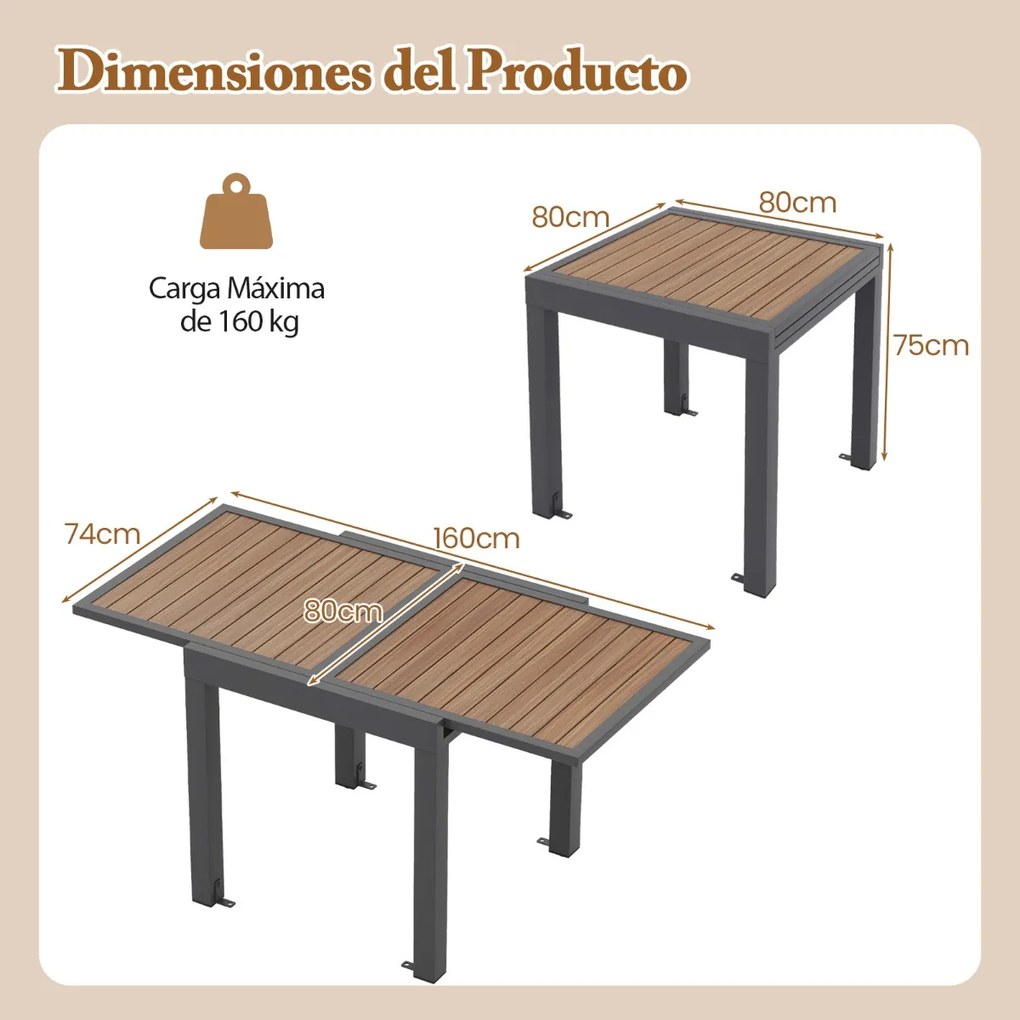 Mesa de jardim extensível 80-160 cm de alumínio para 4-6 pessoas com suporte em forma de L Mesa de metal extensível castanha