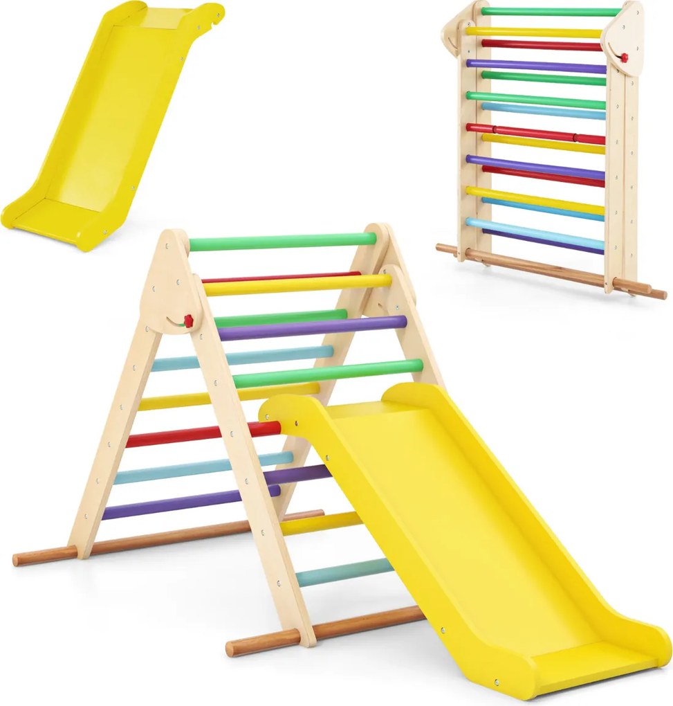 Conjunto de escalada triangular dobrável com escorrega para crianças e barras de madeira de faia Ginásio de interior multicolorido