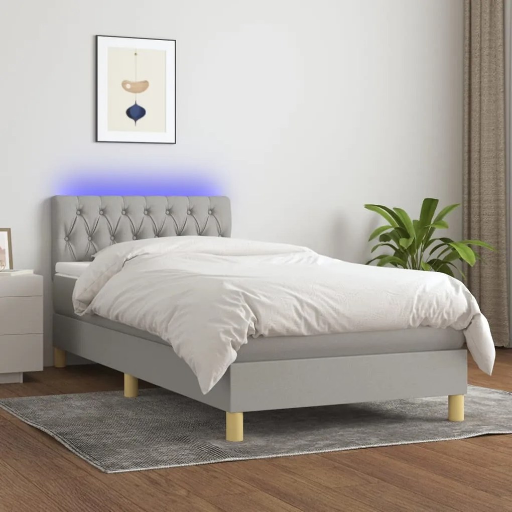 Cama box spring c/ colchão e LED 100x200 cm tecido cinza-claro