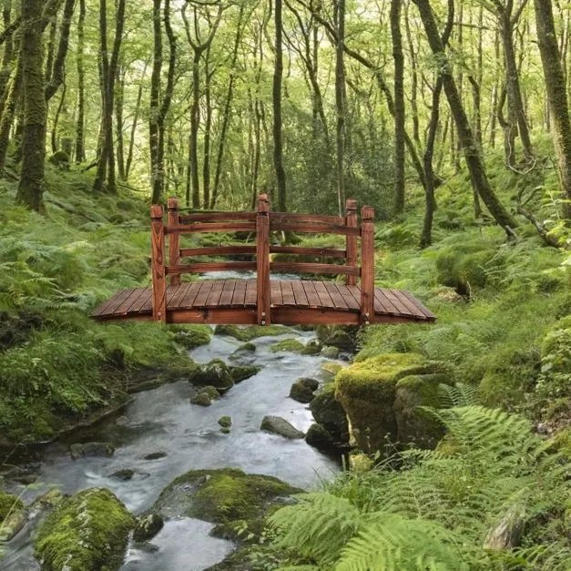 Ponte de madeira rústica e maciça 150 x 67 x 55 cm com corrimão para Decoração de jardim Suporta um peso máximo de 100 kg Castanho