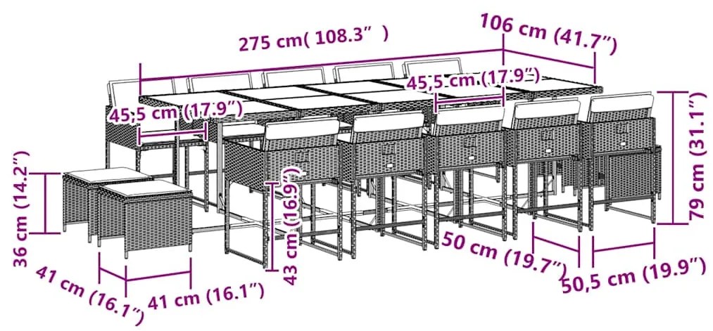 15 pcs conjunto de jantar p/jardim com almofadões vime PE preto