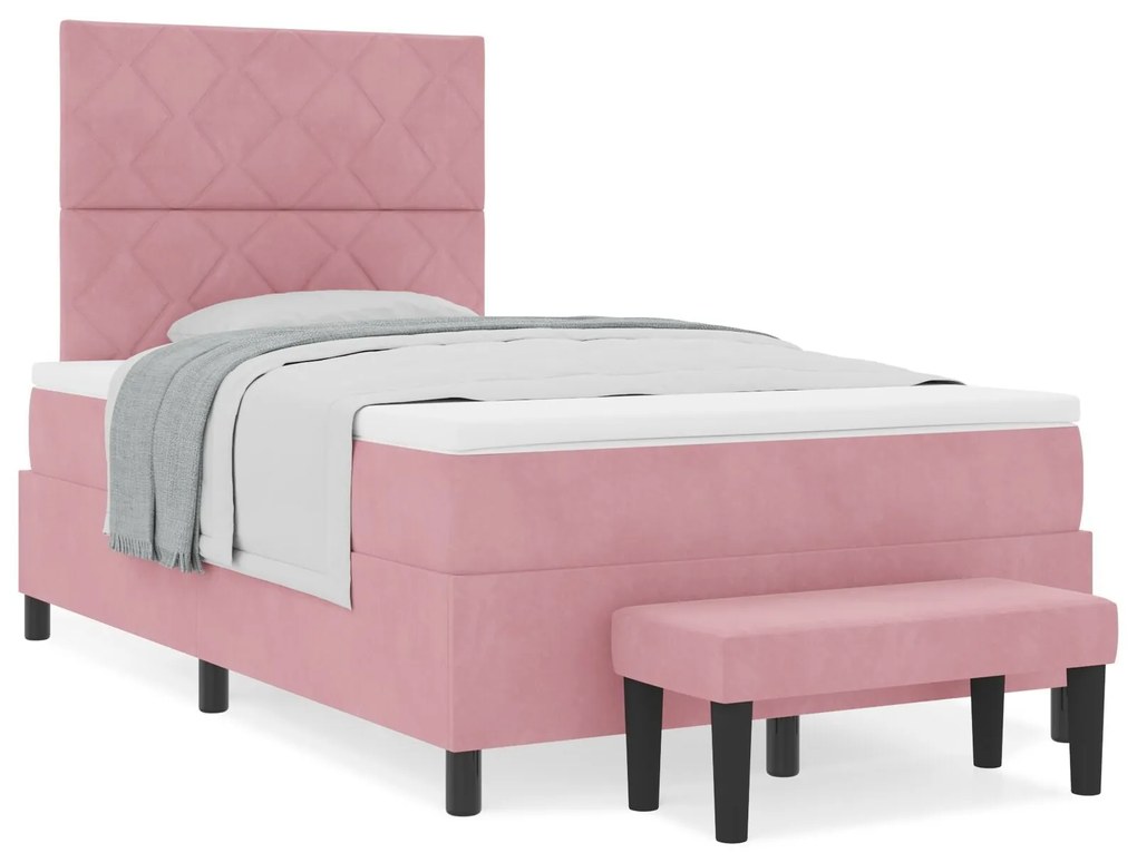 Cama Box Spring com Colchão e Banco Rosa 120x200 cm Veludo